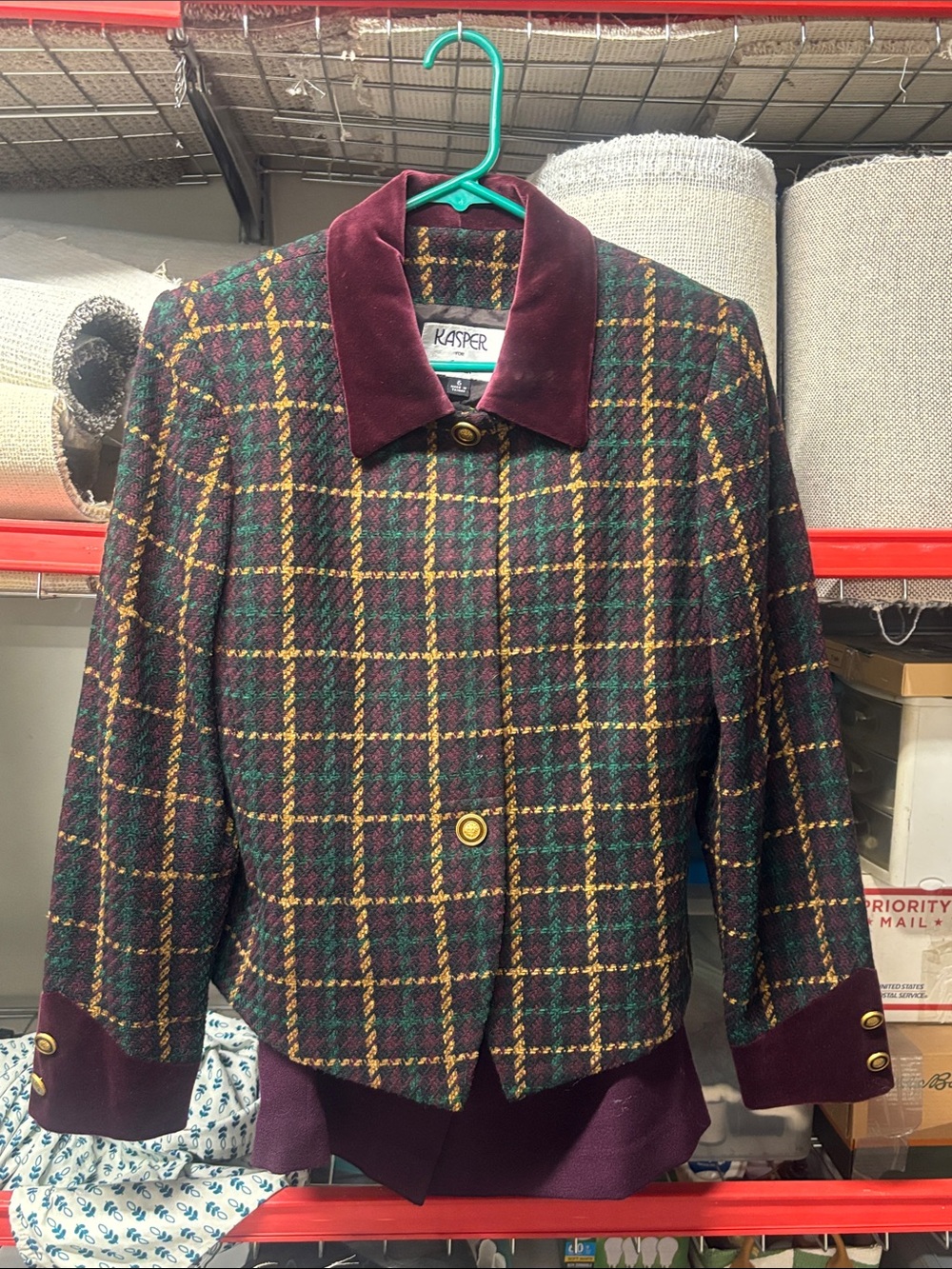 Kasper Burgundy Plaid Wool Blend Jacket with Velvet Collar
